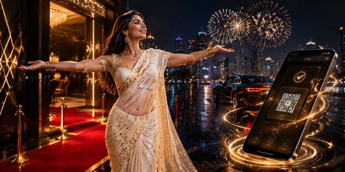 A woman making mobile payment in Mumbai wearing saree